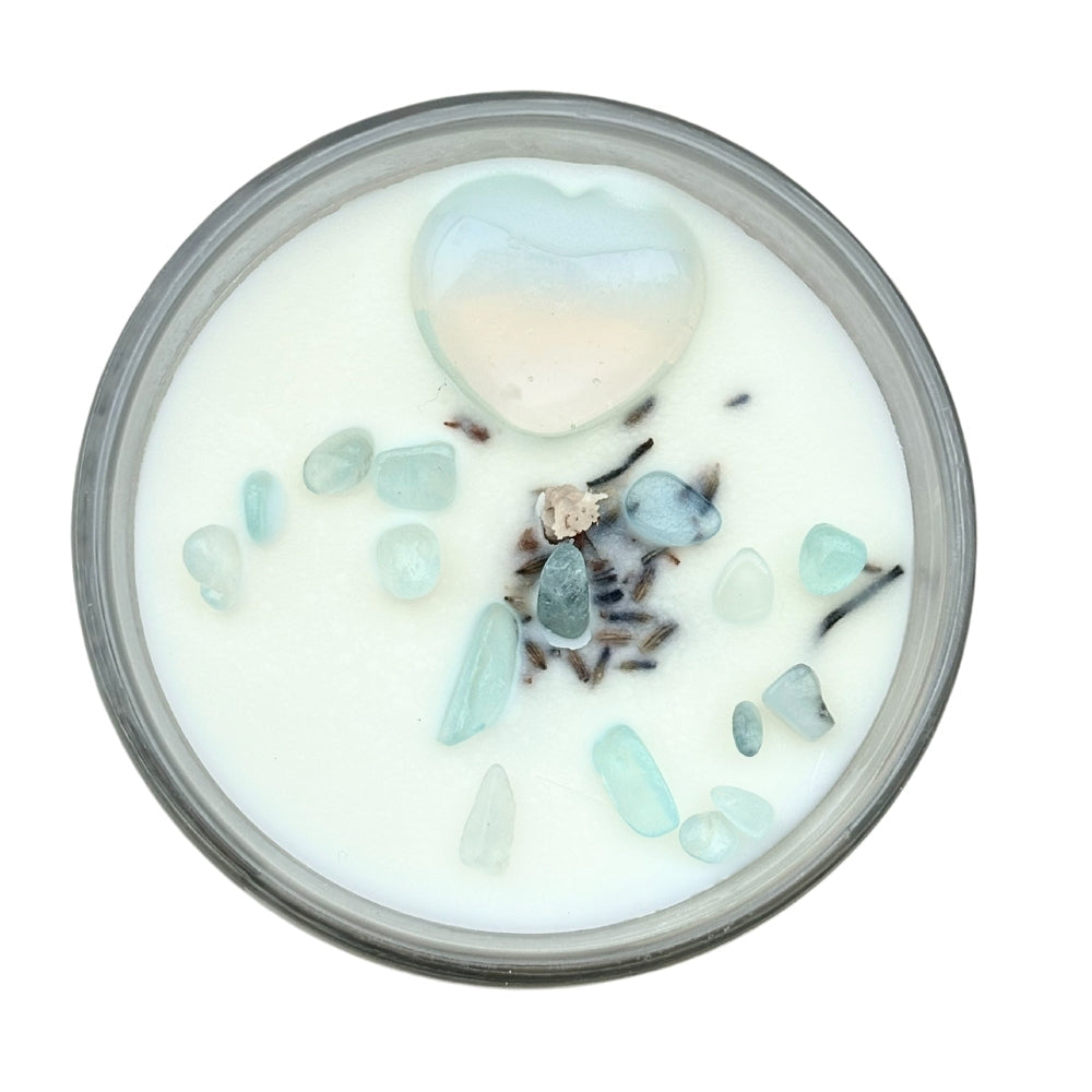 Calming Paradise Crystal Candle- Coconut Vanilla with Opalite Heart and Aquamarine