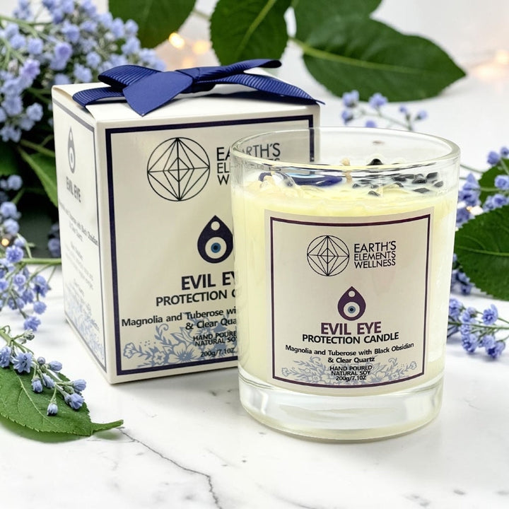 Evil Eye Protection Candle- Magnolia and Tuberose with Black Obsidian and Clear Quartz