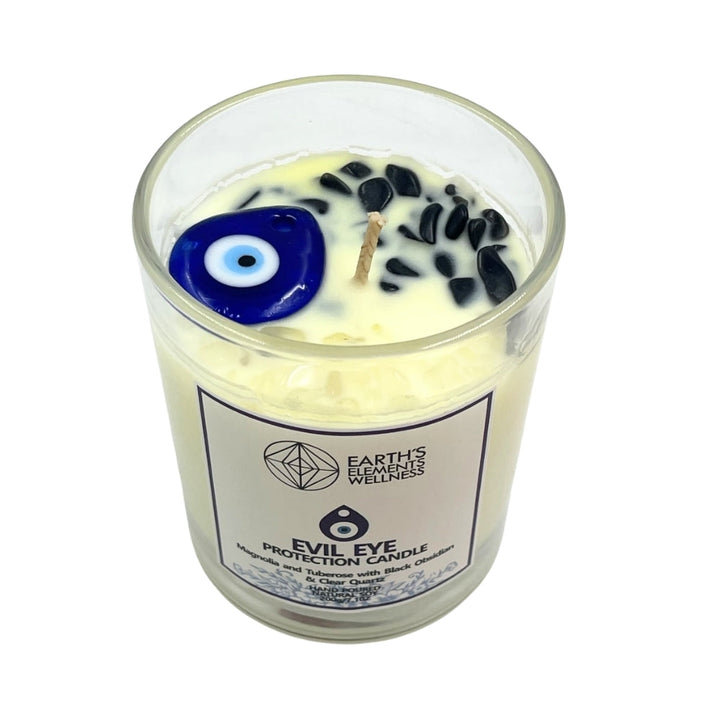 Evil Eye Protection Candle- Magnolia and Tuberose with Black Obsidian and Clear Quartz