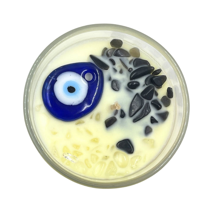 Evil Eye Protection Candle- Magnolia and Tuberose with Black Obsidian and Clear Quartz