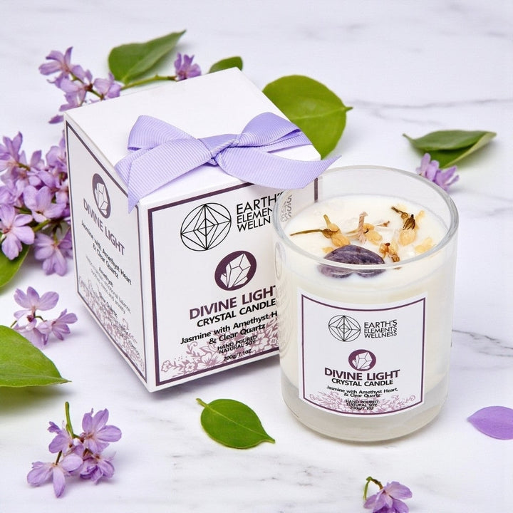 Divine Light Crystal Candle- Jasmine with Amethyst Heart and Clear Quartz
