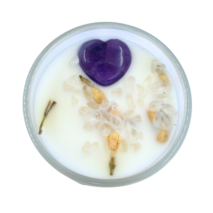 Divine Light Crystal Candle- Jasmine with Amethyst Heart and Clear Quartz