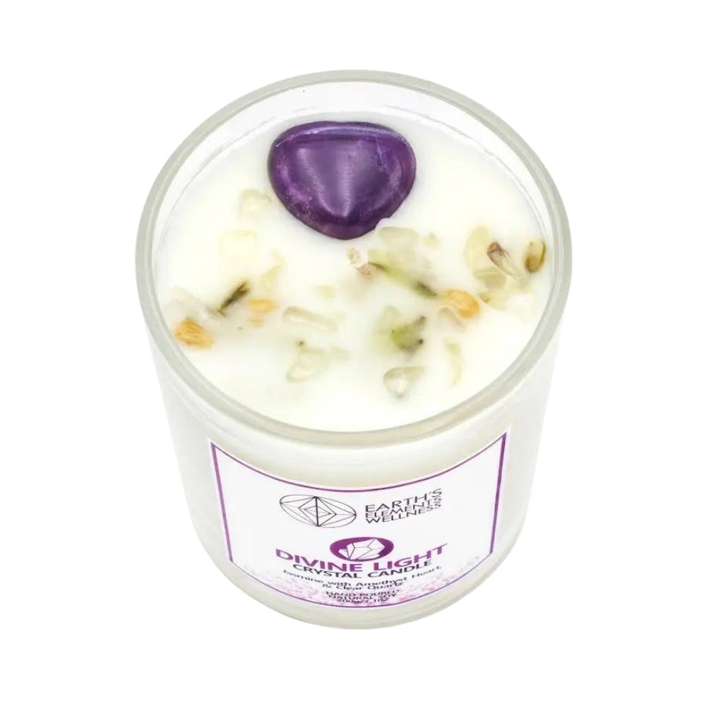 Divine Light Crystal Candle- Jasmine with Amethyst Heart and Clear Quartz