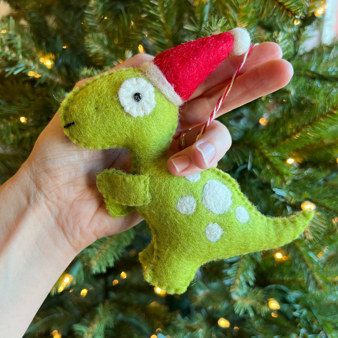 Ornaments 4 Orphans - T-Rex in Santa Hat Felt Wool Dinosaur Ornament