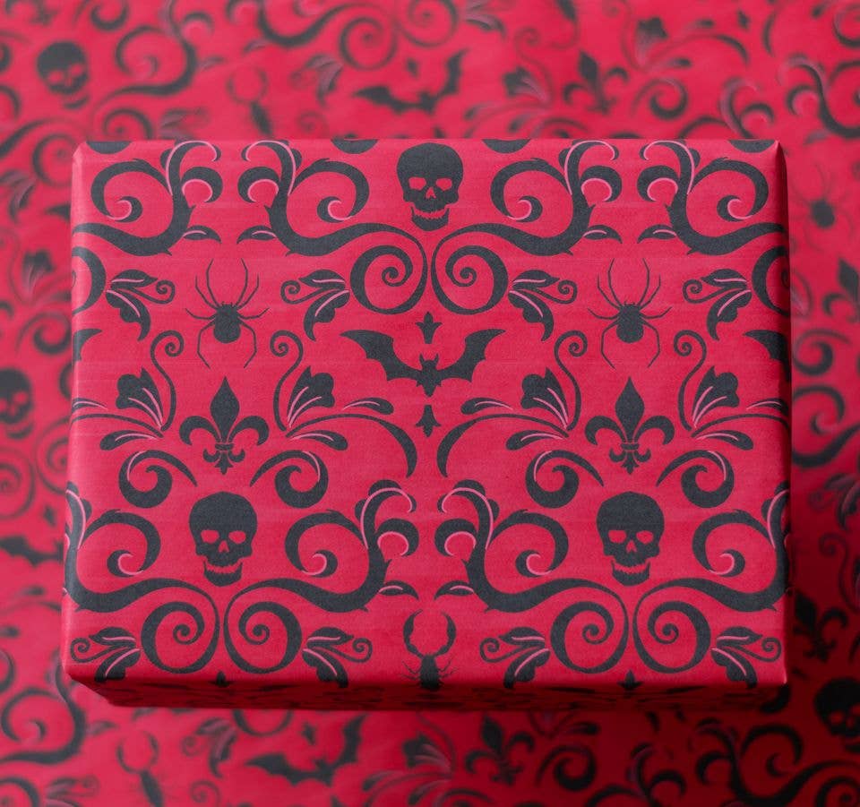 Spooky Cat Press - Skull Damask Gift Wrap - Red (8ft Roll)