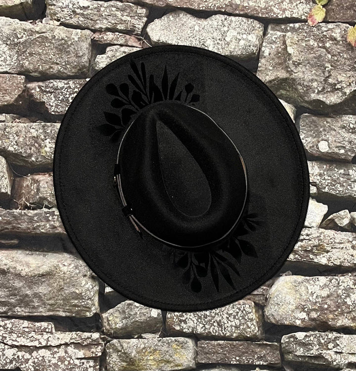 Witchwood Bags - Vegan Velvet FLOCKED Wide Brim Hat - XL Brim - Foliage Crown: Black (Pictured)