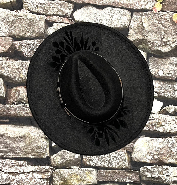 Witchwood Bags - Vegan Velvet FLOCKED Wide Brim Hat - XL Brim - Foliage Crown: Black (Pictured)