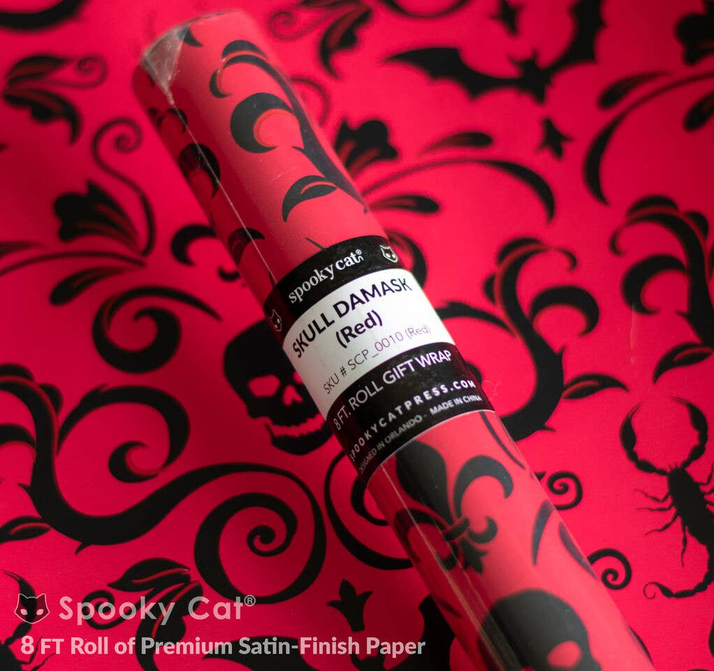 Spooky Cat Press - Skull Damask Gift Wrap - Red (8ft Roll)