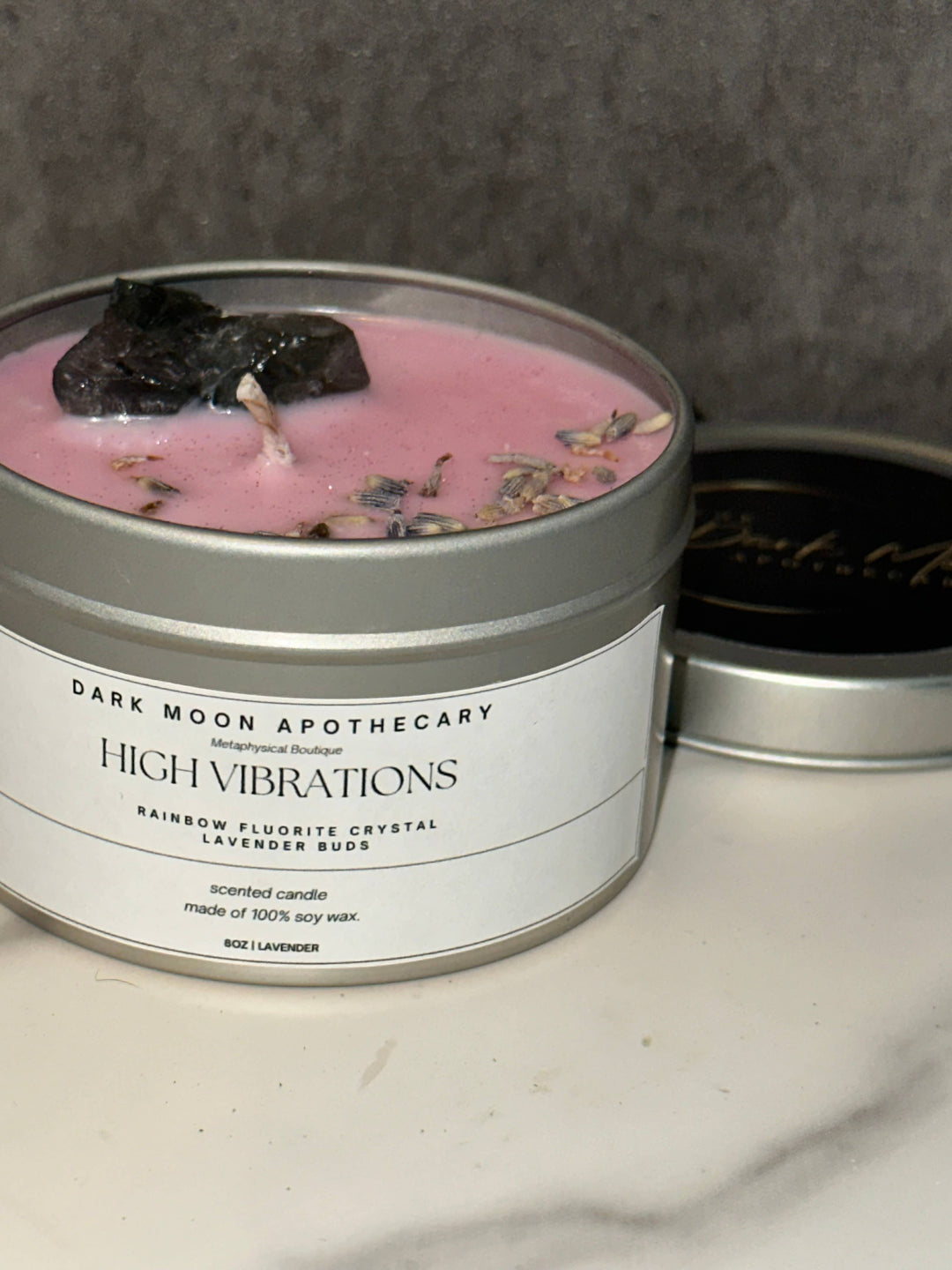 High Vibrations Soy Candle w/ Rainbow Fluorite