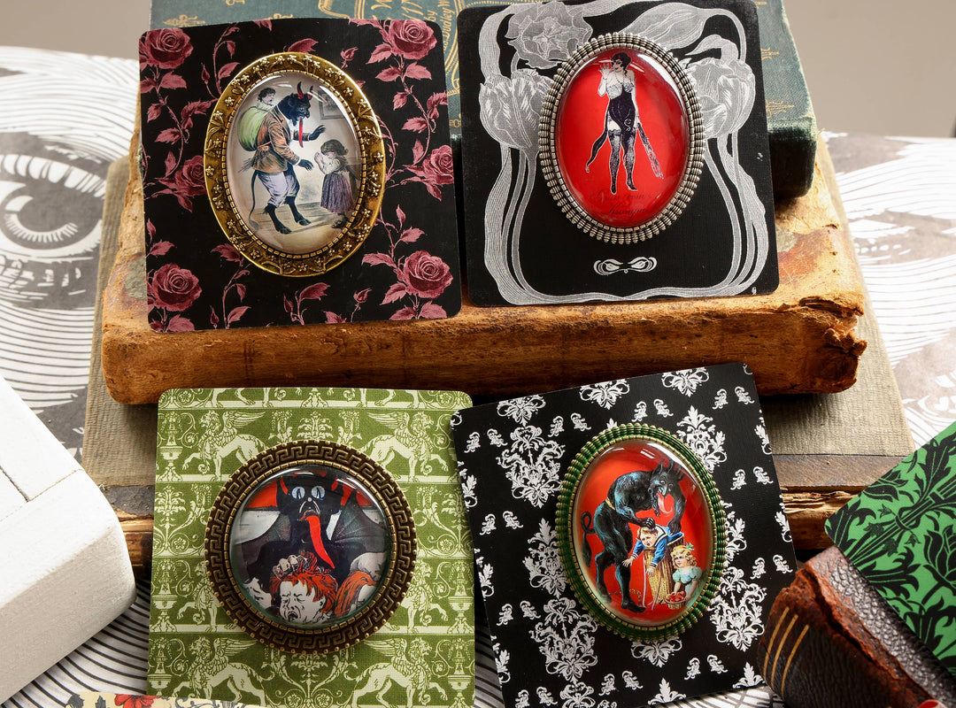 Asunder Bazaar - 20pc Vintage Krampus Brooches on Cards Gothic Christmas