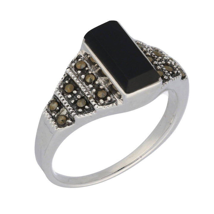 Silver Insanity - Marcasite and Black Onyx Sterling Silver Bar Ring