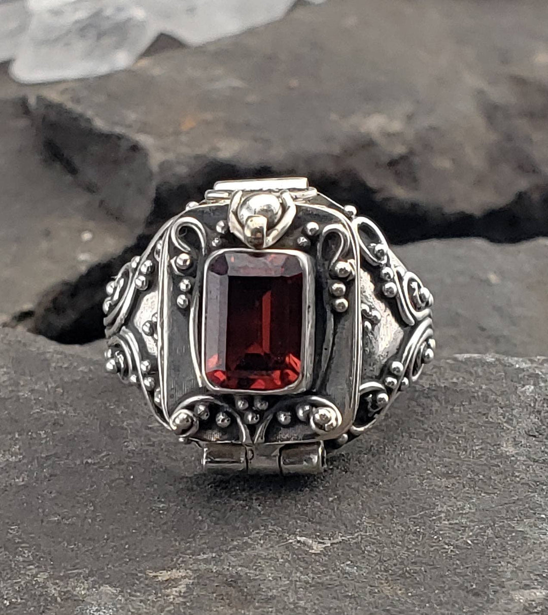 Silver Insanity - Sterling Silver Garnet Poison Box Locket Ring: 5