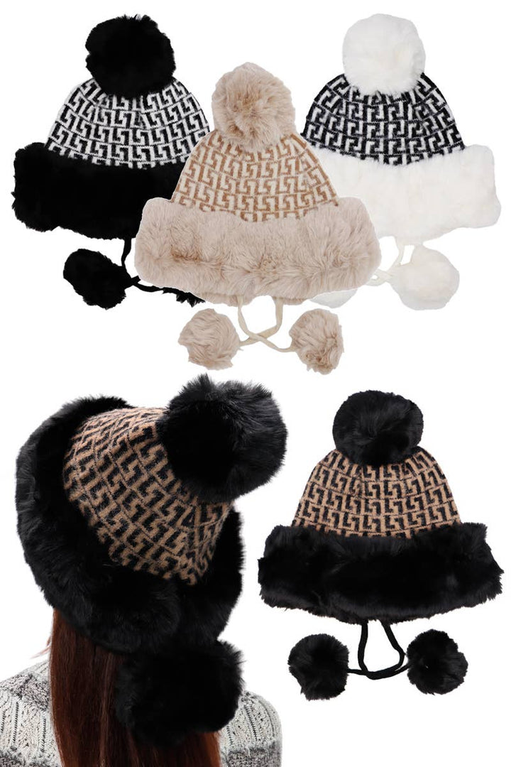 Greek Key Knitted Fluffy Faux Fur Pom Pom Beanie