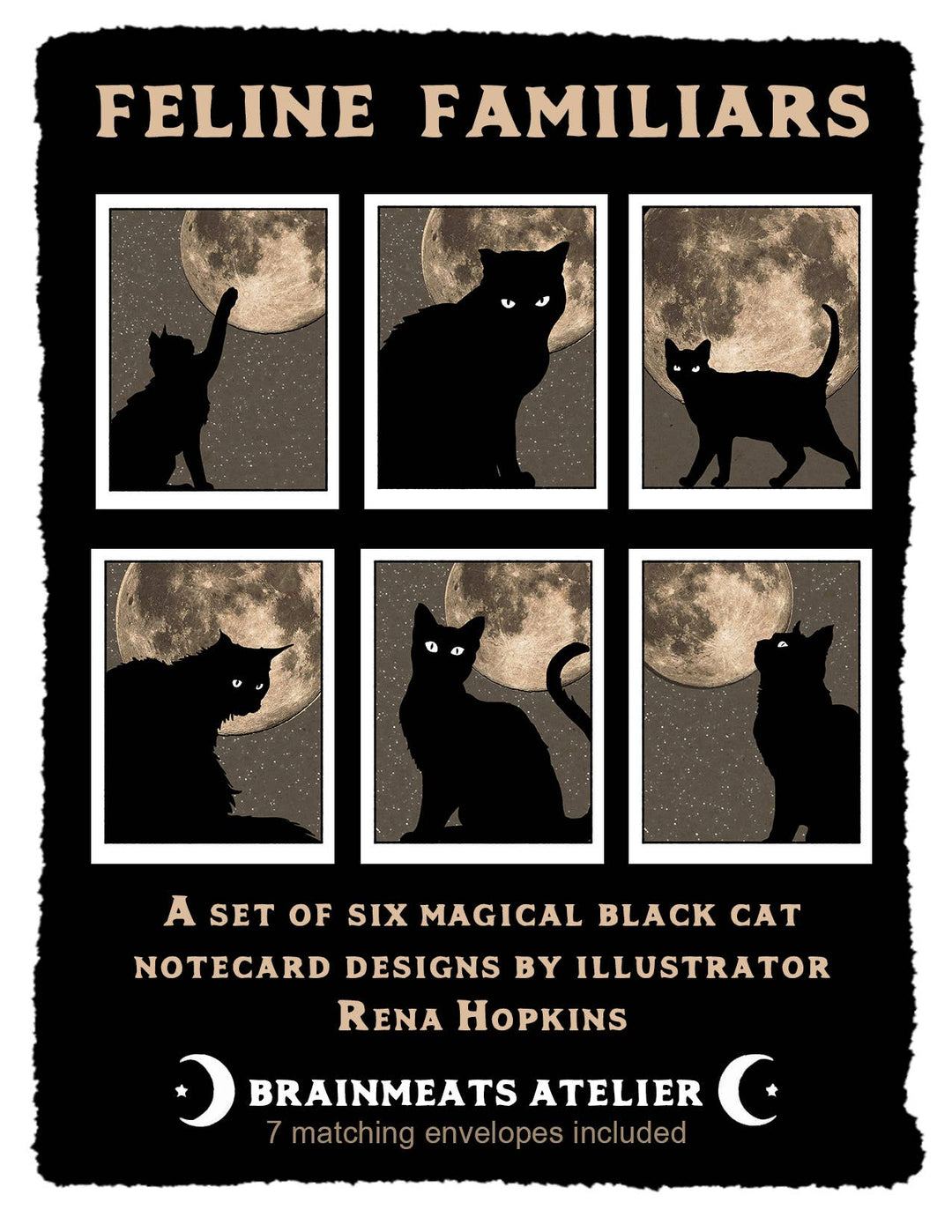Brainmeats Atelier - Feline Familiars – Boxed Black Cat Moon Notecard Set