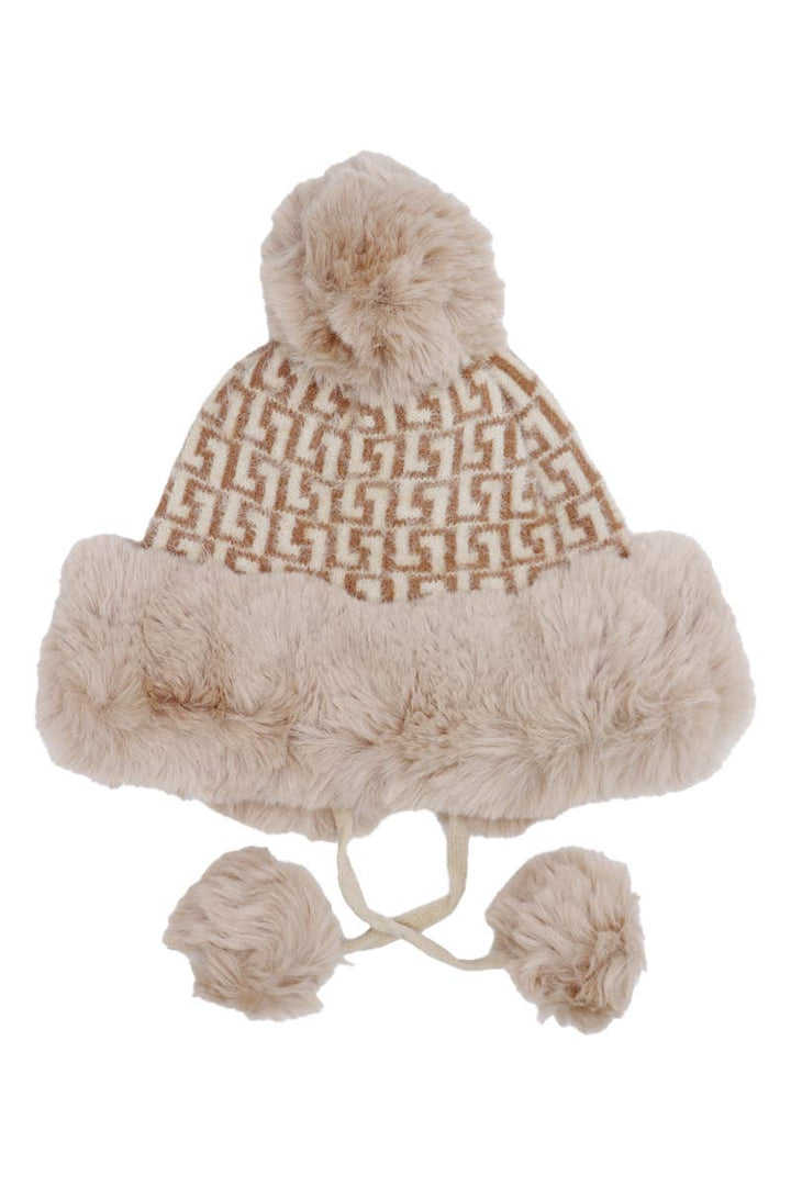 Greek Key Knitted Fluffy Faux Fur Pom Pom Beanie