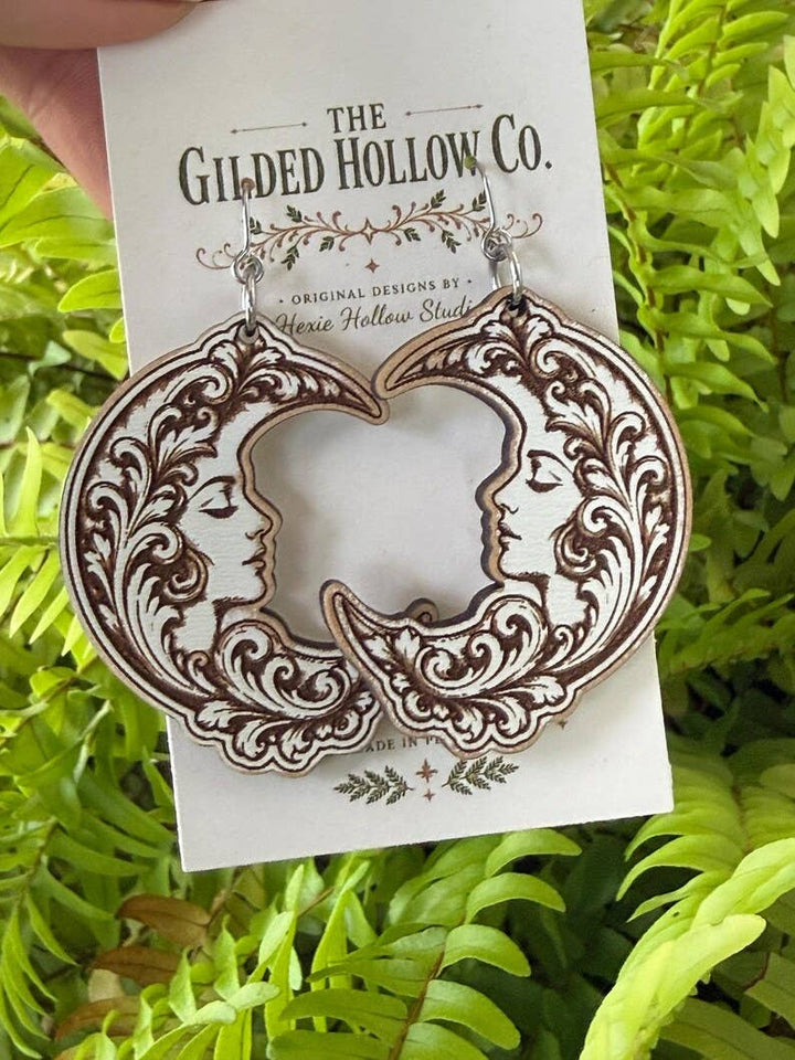 The Gilded Hollow Co. - Celestial Moon Earrings | Victorian Crescent Moon Earrings | Engraved Wood Jewelry | Art Nouveau Earrings | Witchy Celestial Jewelry