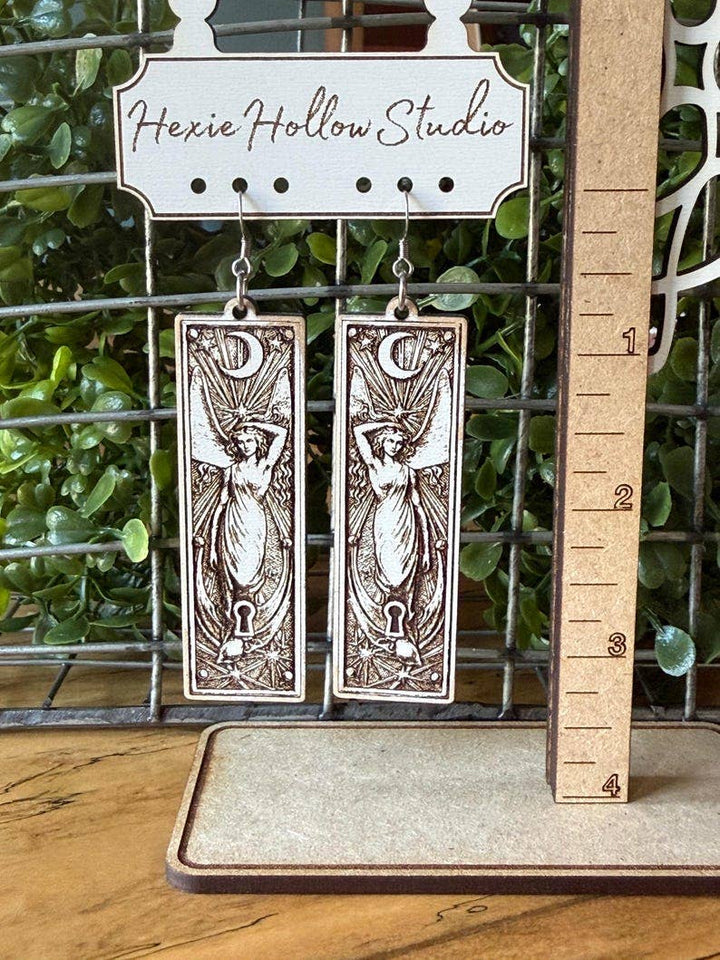 The Gilded Hollow Co. - Goddess Earrings, Celestial Keyhole Wood Dangles, Gilded Relic Series