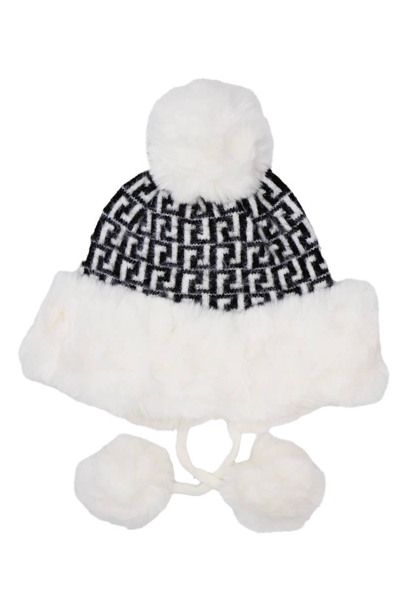 Greek Key Knitted Fluffy Faux Fur Pom Pom Beanie