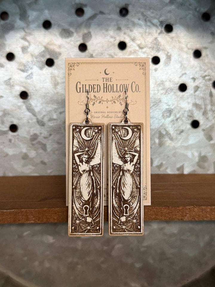 The Gilded Hollow Co. - Goddess Earrings, Celestial Keyhole Wood Dangles, Gilded Relic Series