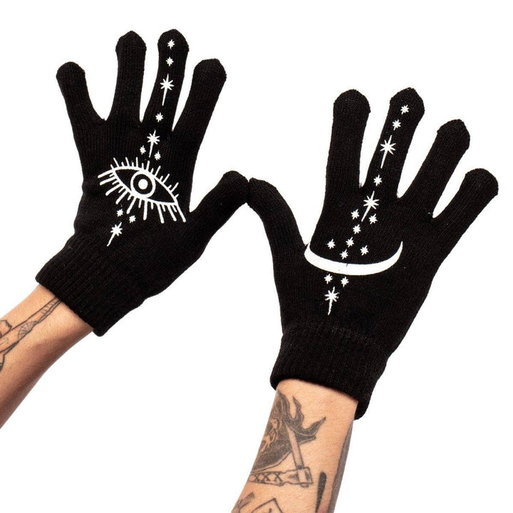 Too Fast - Occult Eye and Moon Winter Knit Gloves: Black/White