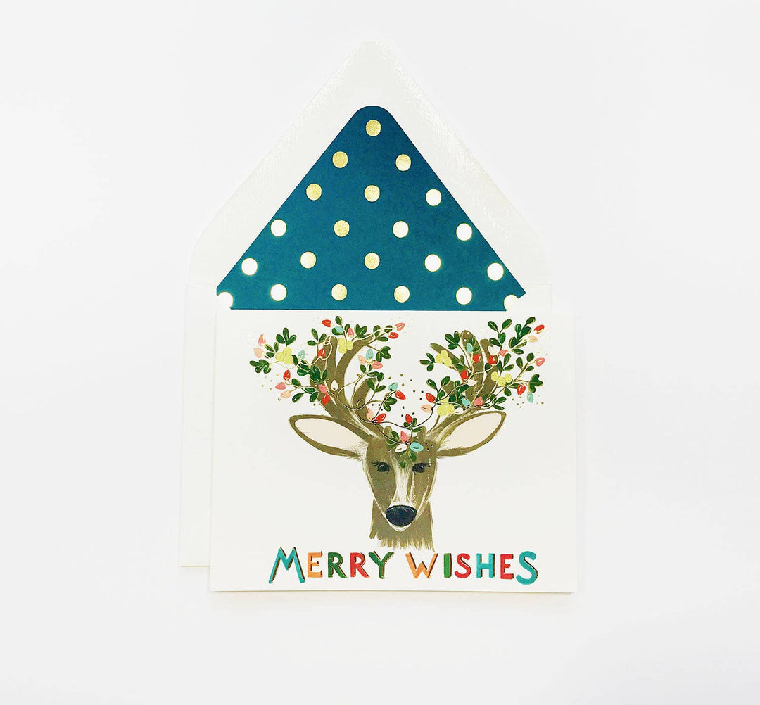 The First Snow - Merry Wishes Deer w/ Christmas Holiday Lights Greeting Card
