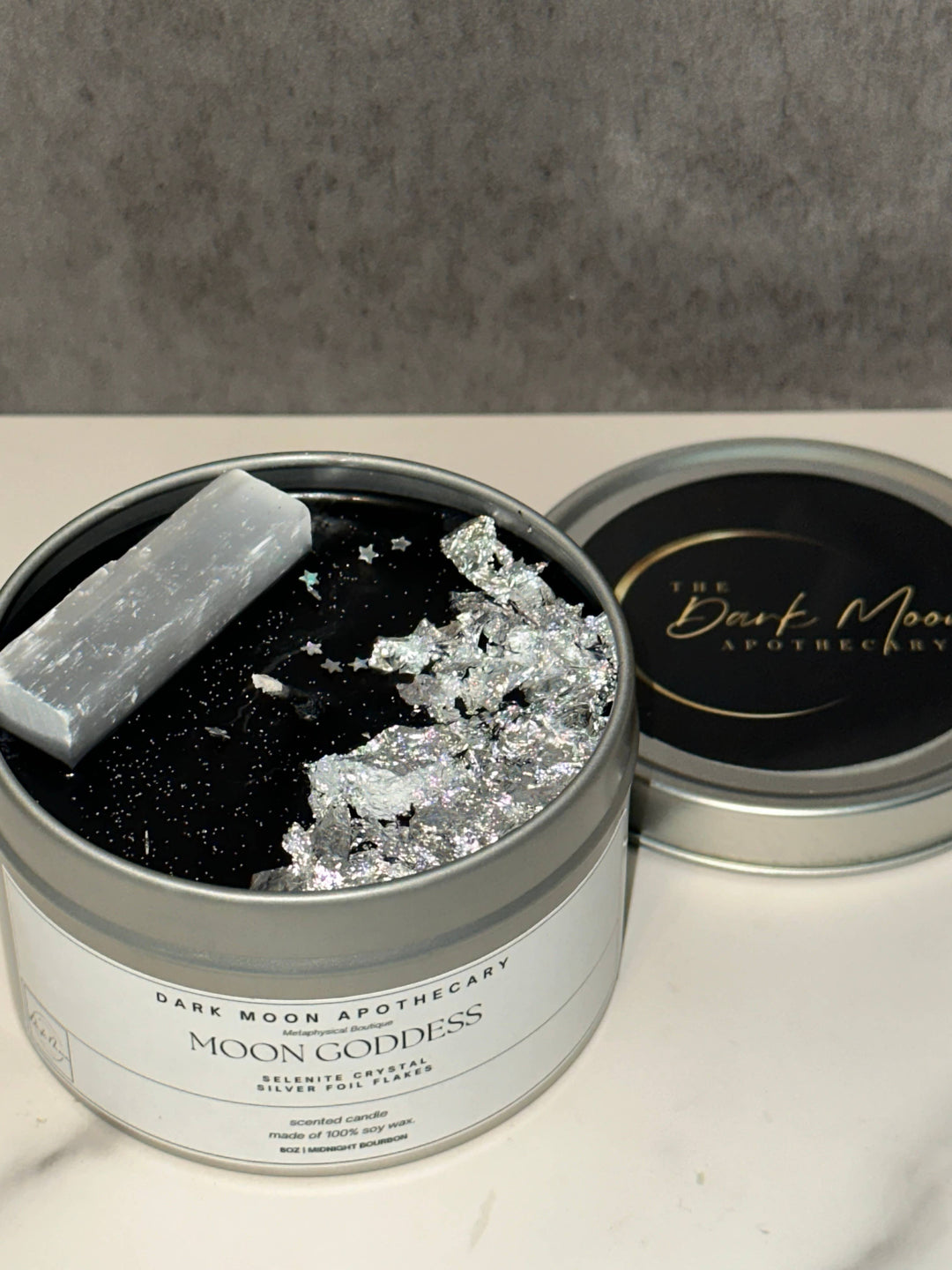 The Dark Moon Apothecary - Moon Goddess soy crystal candle w/ selenite.