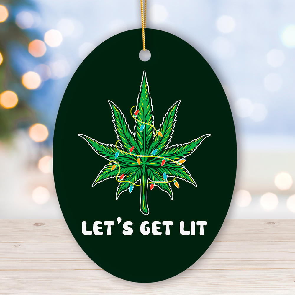 OrnamentallyYou - Lets Get Lit Funny Whimsical Weed Leaf Christmas Ornament